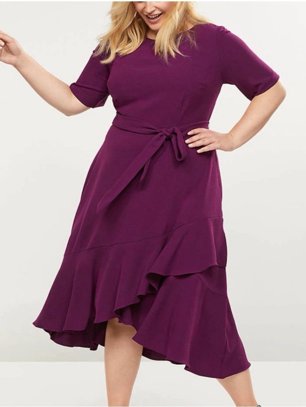 Lane Bryant Plum Short Sleeve High-Low Ruffle Hem Tie-Waist Midi Dress Size 16